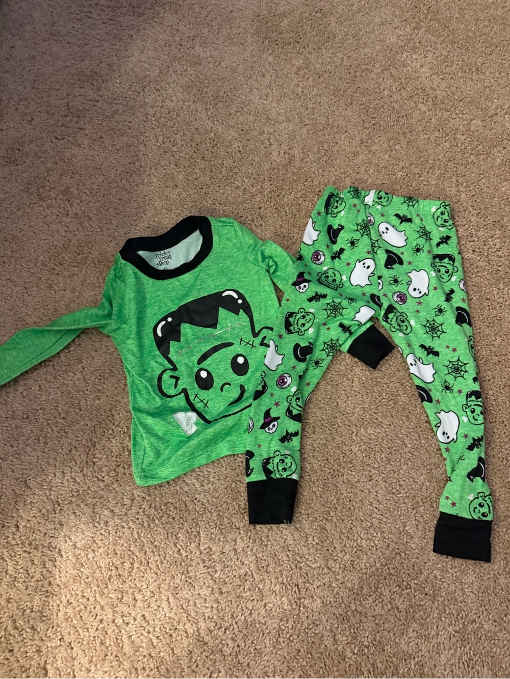 Kids Green Frankenstein Pajama Set with Cute Monster Print